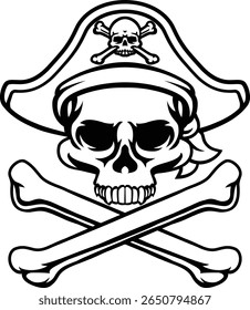 A pirate skull and crossbones jolly roger grim reaper cartoon wearing captain a hat and eye patch