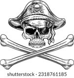 Pirate skull and crossbones skeleton grim reaper mascot in pirates captain hat and eyepatch. Original illustration in a vintage retro woodcut etching style.