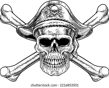 Pirate skull and crossbones skeleton grim reaper mascot in pirates captain hat. Original illustration in a vintage retro woodcut etching style.