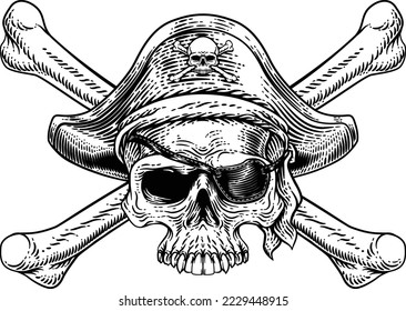 Calavera pirata y ballesta esqueleto pardo mascota de pañales en piratas capitán sombrero y parche. Ilustración original en un estilo retro vintage de grabado de madera.