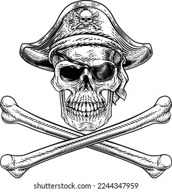 Pirate skull and crossbones skeleton grim reaper mascot in pirates captain hat and eyepatch. Original illustration in a vintage retro woodcut etching style.