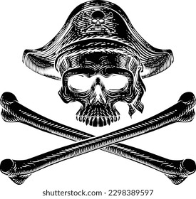 Pirate skull and crossbones skeleton grim reaper mascot in pirates captain hat. Original illustration in a vintage retro woodcut etching style.