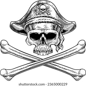 Pirate skull and crossbones skeleton grim reaper mascot in pirates captain hat. Original illustration in a vintage retro woodcut etching style.