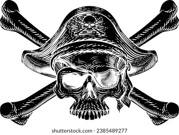 Pirate skull and crossbones skeleton grim reaper mascot in pirates captain hat and eyepatch. Original illustration in a vintage retro woodcut etching style.