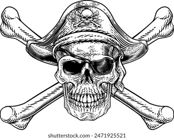 Pirate skull and crossbones skeleton grim reaper mascot in pirates captain hat and eyepatch. Original illustration in a vintage retro woodcut etching style.