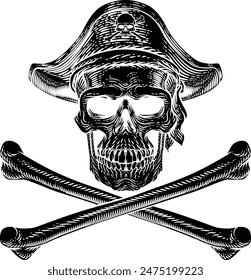 Pirate skull and crossbones skeleton grim reaper mascot in pirates captain hat. Original illustration in a vintage retro woodcut etching style.