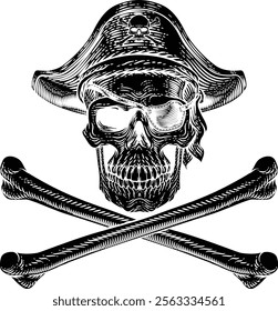 Pirate skull and crossbones skeleton grim reaper mascot in pirates captain hat and eyepatch. Original illustration in a vintage retro woodcut etching style.