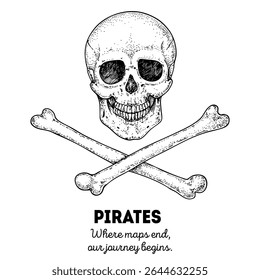 Pirate skull with crossbones sketch. Hand drawn vector illustration. Vintage design.