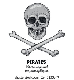 Crânio pirata com esquete de ossos cruzados. Ilustração de vetor desenhada à mão. Design antigo.