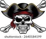 Pirate skull crossbones wearing a tricorn captain hat with crossing bones. In a vintage retro woodcut style.