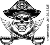 Pirate skull crossbones wearing a tricorn captain hat, eyepatch with crossing sabers or scimitar cutlass pirate swords. In a vintage retro woodcut style.