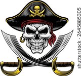 Pirate skull crossbones wearing a tricorn captain hat crossing sabers or scimitar cutlass pirate swords. In a vintage retro woodcut style.