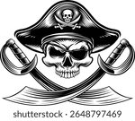 Pirate skull crossbones wearing a tricorn captain hat, eyepatch with crossing sabers or scimitar cutlass pirate swords. In a vintage retro woodcut style.