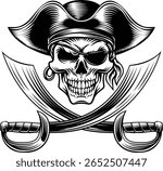 Pirate skull crossbones wearing a tricorn captain hat, eyepatch with crossing sabers or scimitar cutlass pirate swords. In a vintage retro woodcut style.