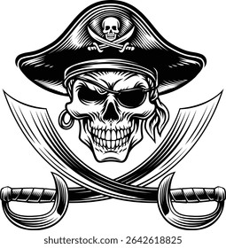 Pirate skull crossbones wearing a tricorn captain hat, eyepatch with crossing sabers or scimitar cutlass pirate swords. In a vintage retro woodcut style.