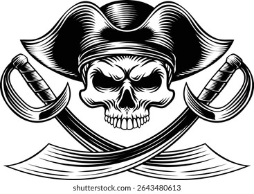 Pirate skull crossbones wearing a tricorn captain hat with crossing sabers or scimitar cutlass pirate swords. In a vintage retro woodcut style.