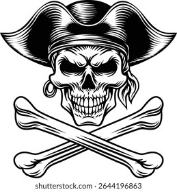 Ossos cruzados de crânio pirata usando um chapéu de capitão de tricorão com ossos cruzados. Em um estilo de xilogravura retro vintage.