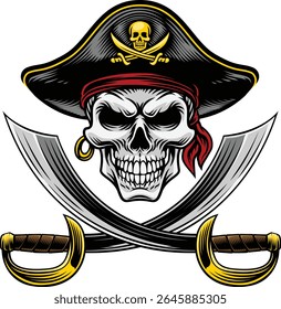 Pirate skull crossbones wearing a tricorn captain hat crossing sabers or scimitar cutlass pirate swords. In a vintage retro woodcut style.