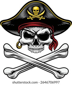 Ossos cruzados de crânio pirata usando um chapéu de capitão de tricorão com ossos cruzados. Em um estilo de xilogravura retro vintage.