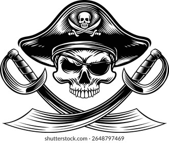 Ossos cruzados de crânio pirata usando um chapéu de capitão tricorn, tapa ocular com sabres cruzados ou espadas piratas cutlass scimitar. Em um estilo de xilogravura retro vintage.