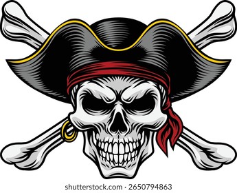 Ossos cruzados de crânio pirata usando um chapéu de capitão de tricorão com ossos cruzados. Em um estilo de xilogravura retro vintage.