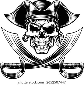 Pirate skull crossbones wearing a tricorn captain hat, eyepatch with crossing sabers or scimitar cutlass pirate swords. In a vintage retro woodcut style.
