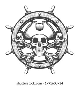 Pirate Skull with crossed bines and ship wheel tattoo. Vector illustration.