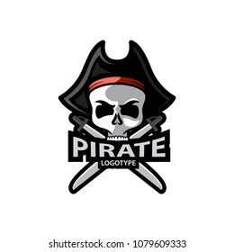 Pirate Skull and crossed sabers badge, logo. Vector illustration design 