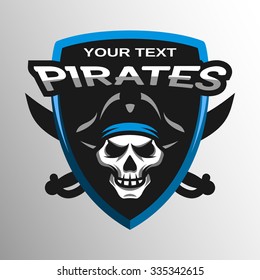 Pirate Skull and crossed sabers badge, logo, emblem.