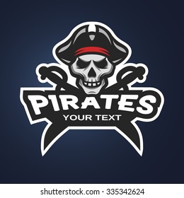 Pirate Skull and crossed sabers badge, logo, emblem on a dark background.