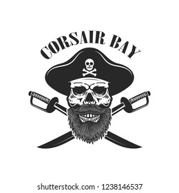 Pirate skull with crossed sabers. Design elements for logo, label, sign, menu. Vector illustration