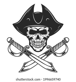 Pirate skull with crossed sabers. Design element for logo, label, sign, emblem. Vector illustration