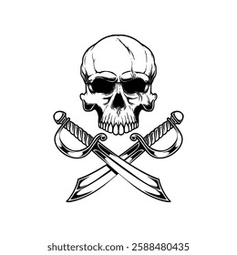 Pirate skull with crossed sabers. Design element for poster, emblem, sign.