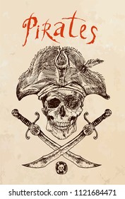 Pirate Skull with crossed sabers. Hand drawn pirates designed elements. Retro vintage Illustration in ancient engraving style