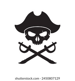 Pirate skull with crossed sabers logo Illustration. Simple skull logo emblem vector. Isolated on white background.