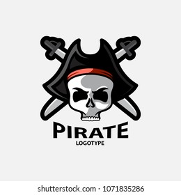 Pirate Skull with crossed sabers. Pirate logotype or emblem.