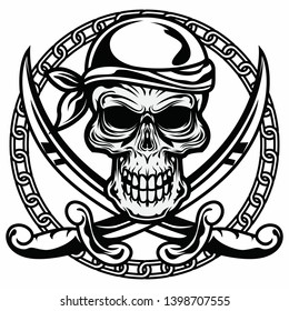 Pirate Skull with crossed Sword Vector Suitable for T-shirt in Black and White