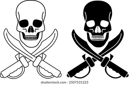 Pirate Skull with crossed swords or cutlasses in black and white isolated on a white background