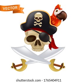 A pirate skull with crossed swords or sabres in and a captain's cap with a red parrot. Funny vector illustration of Jolly Roger with a red bandana and black eye patch isolated on a white background