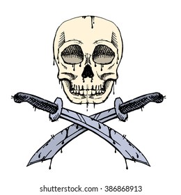 Pirate skull and crossed swords. White isolated icon. Vector stock isolated.