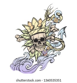 Pirate skull in a crown with crossed bones. Vector illustration isolated on white background for tattoos, print on T-shirts and much more.