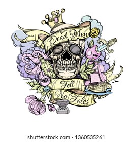 Pirate skull in the crown, with a ribbon and eye patch. Vector illustration isolated on white background for tattoos, print on T-shirts and much more.