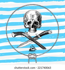 Pirate Skull emblem design, vector illustration, hand drawn