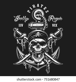 Pirate skull emblem with swords, anchor and rope. On dark background