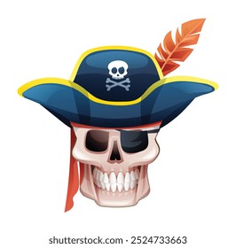 Pirate skull with eyepatch and hat. Vector cartoon illustration