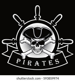 Pirate Skull With Eyepatch And Ship Helm Logo Black Background Vector Illustration