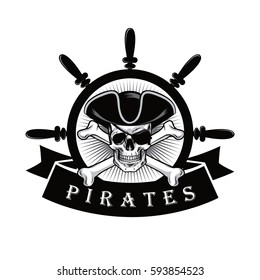 Pirate Skull With Eyepatch And Ship Steering Wheel Logo Design Vector Illustration