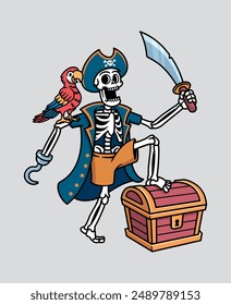 Pirate skull finds treasure chest illustration