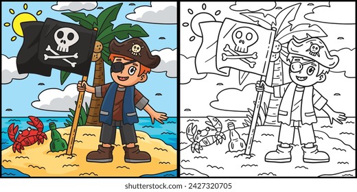 Pirate and Skull Flag Coloring Page Illustration