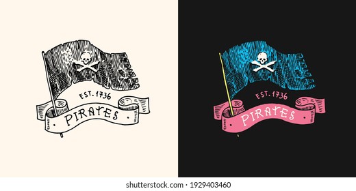 Pirate Skull Flag logo. Jolly roger or Corsair. Marine and nautical or sea, ocean emblem. Engraved hand drawn, old label or badge.